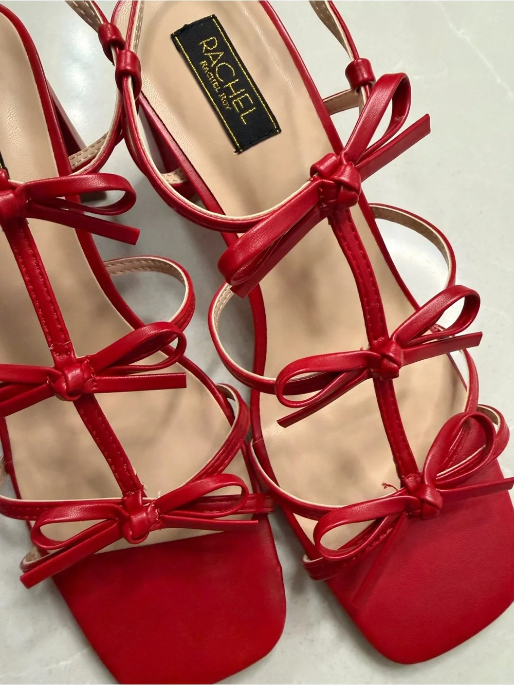 RACHEL Rachel Roy Cologne Bow Block Heel Sandals Red Defect on Heel, Size 9